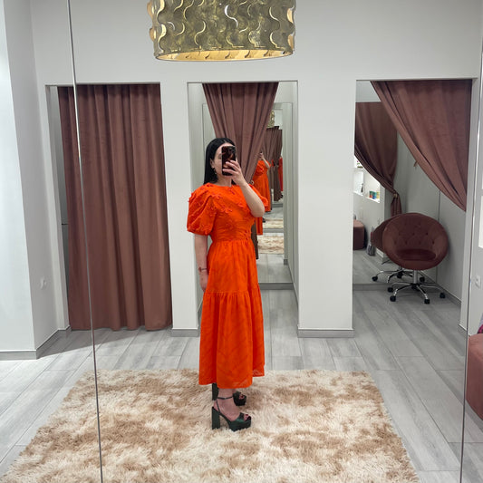 VESTIDO FLORES RELIEVE NARANJA